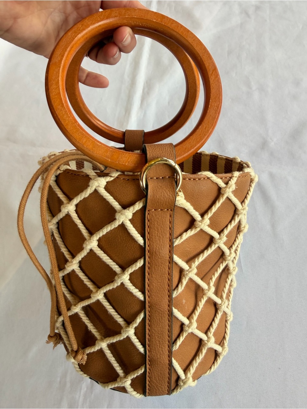 Aldo Macrame Net Brown Leather Bucket Bag with Round Wooden Top Handles